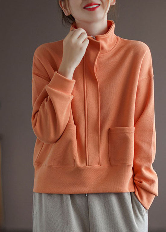 Modern Orange Stand Collar Pockets Zip Up Pullover Sweatshirt Long Sleeve