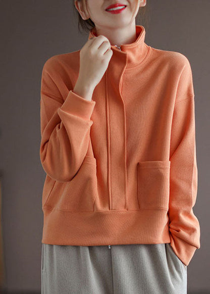 Modern Orange Stand Collar Pockets Zip Up Pullover Sweatshirt Long Sleeve