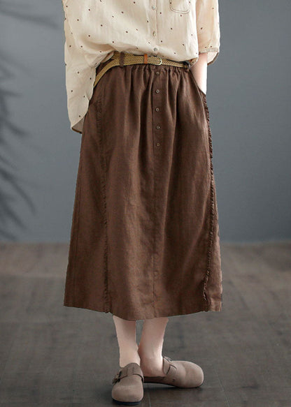 Coffee Ruffled Pockets Patchwork Linen Skirts Summer