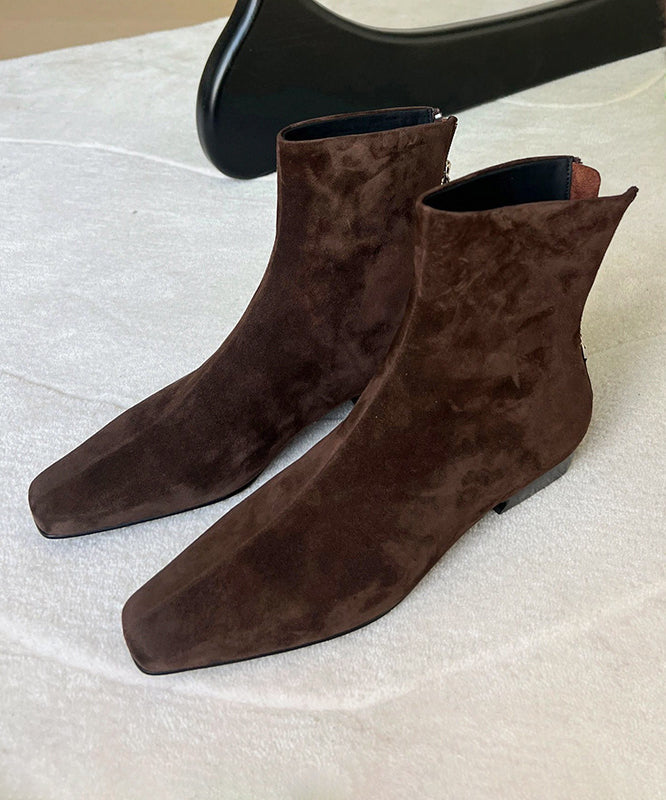 Brown Chunky Suede Comfy Splicing Zippered Boots