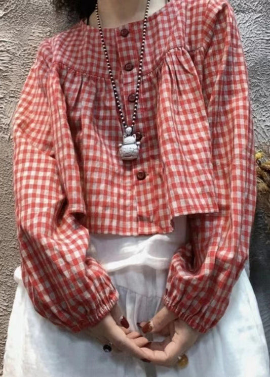 Red Plaid O-neck Button Cotton Shirt Top Long Sleeve