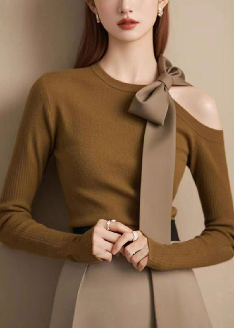 Coffee Cold Shoulder Bow Cotton Knitted Sweaters Winter