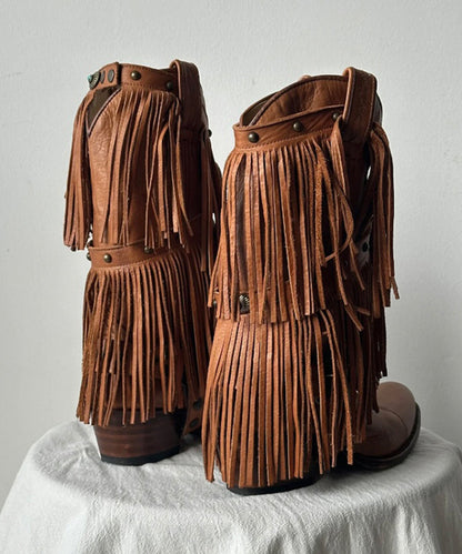 Splicing Chunky Cowgirl Boots Tassel Cowhide Leather