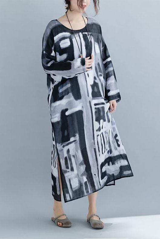 Loose Black Print Loose Linen Maxi Dresses for
