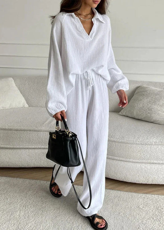 Simple White Peter Pan Collar Top and Pants Cotton Two Pieces Set Spring