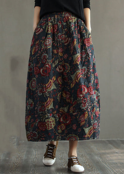 Grey- Elastic Waist Patchwork Print Fine Cotton Filled Skirt Winter