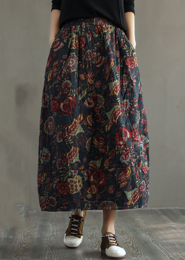 Black - Texture Elastic Waist Patchwork Print Fine Cotton Filled Skirt Winter
