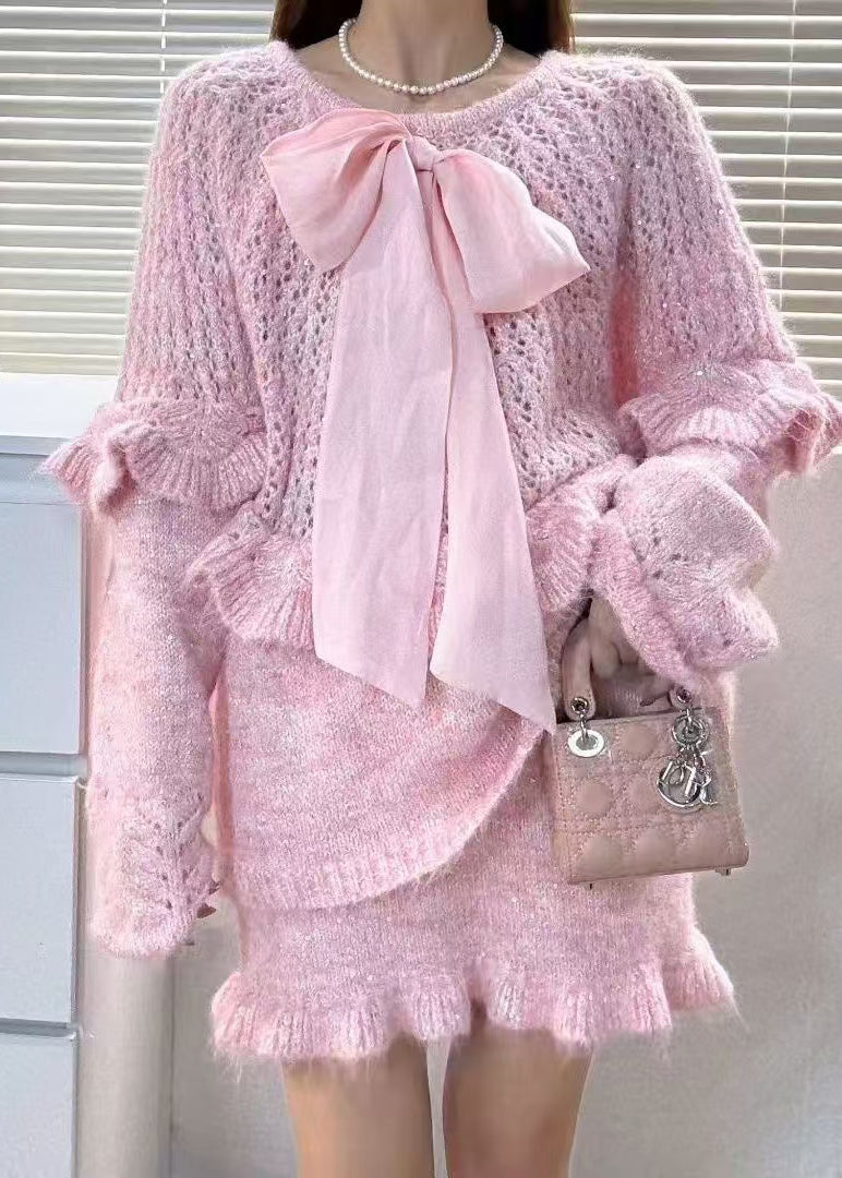 Purple Ruffled Hollow Out Bow Knit Two Piece Set Winter