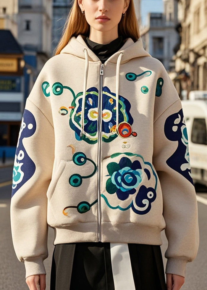 Khaki Print Drawstring Cotton Hooded Coat Fall