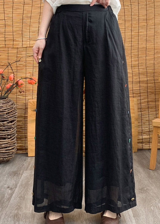 Stylish Black Elastic Waist Button Linen Wide Leg Pants Summer
