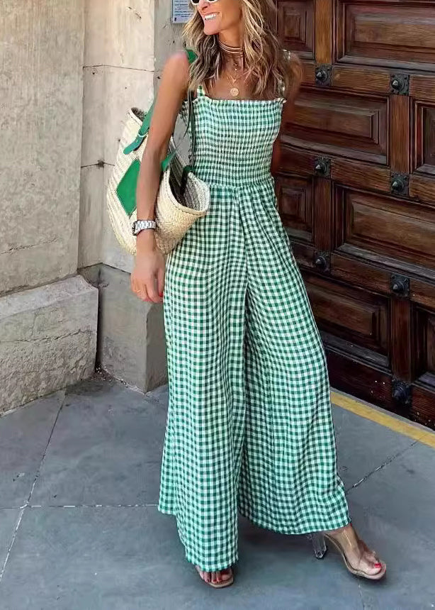Green Plaid Cotton Overalls Jumpsuit Sleeveless