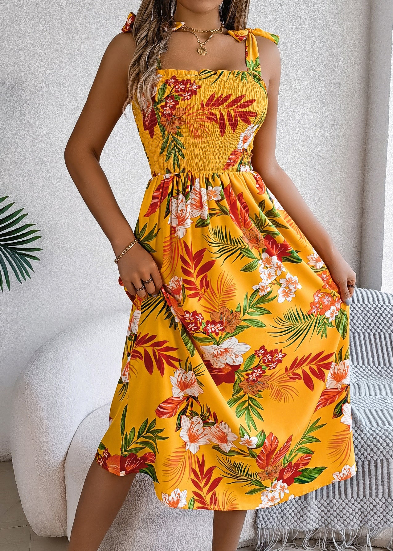 Yellow Print Lace Up Cotton Spaghetti Strap Dress Summer