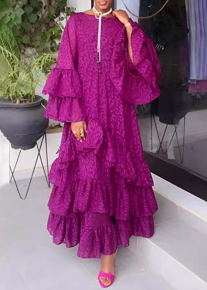 Purple Ruffled Flared Sleeve O-neck Long Dress