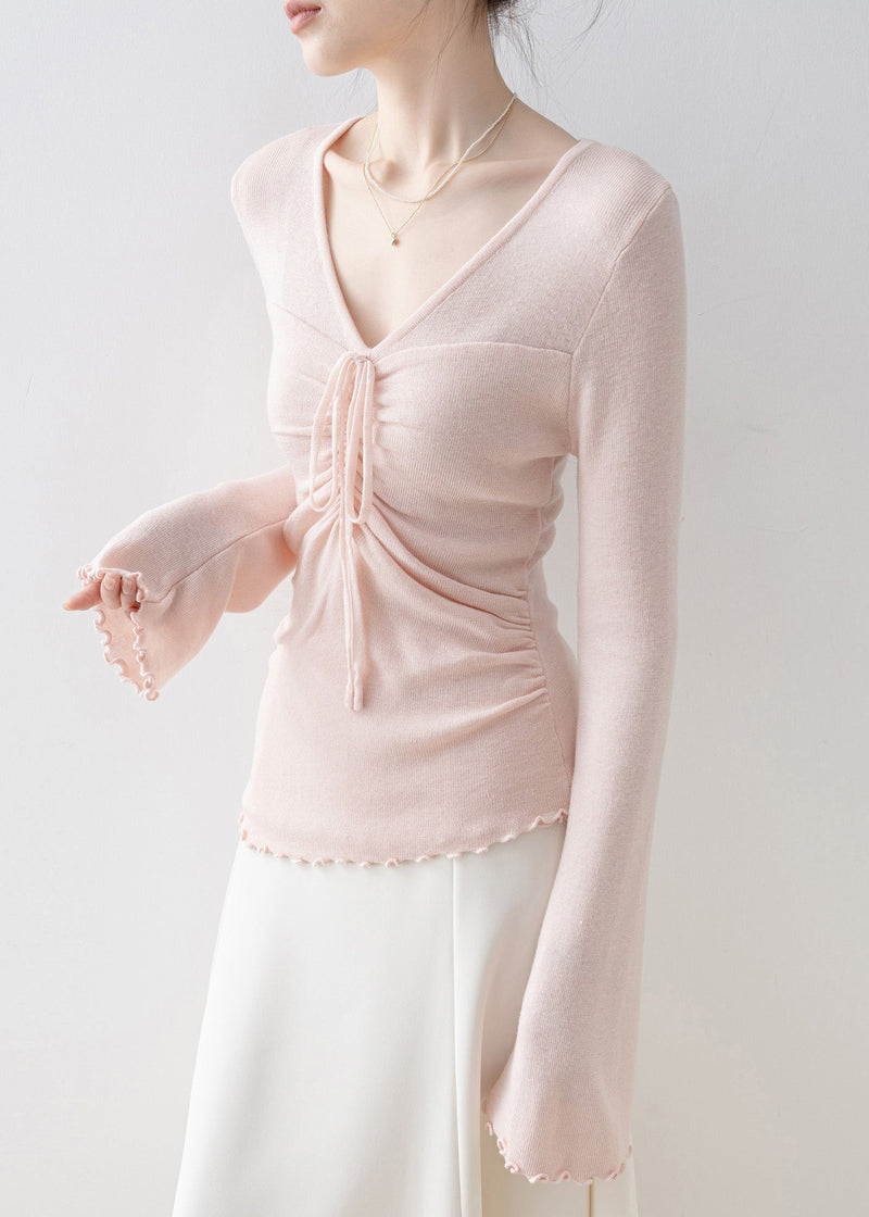 Pink V Neck Bow Knit Top Flare Sleeve