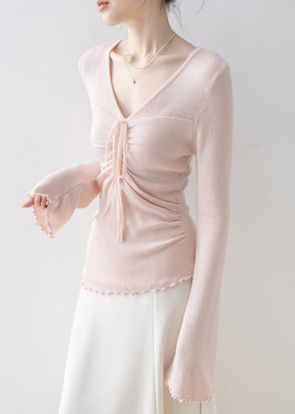 Pink V Neck Bow Knit Top Flare Sleeve