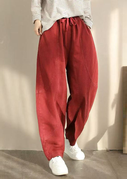 Orange Pockets Elastic Waist Cotton Harem Pants Spring