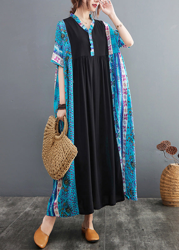 Blue Ruffled Print Patchwork Cotton Exra Large Hem Dress Summer