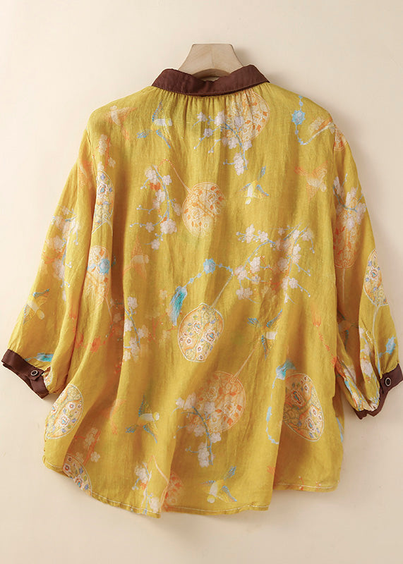 Yellow Peter Pan Collar Print Button Low High Design Linen Shirt Summer