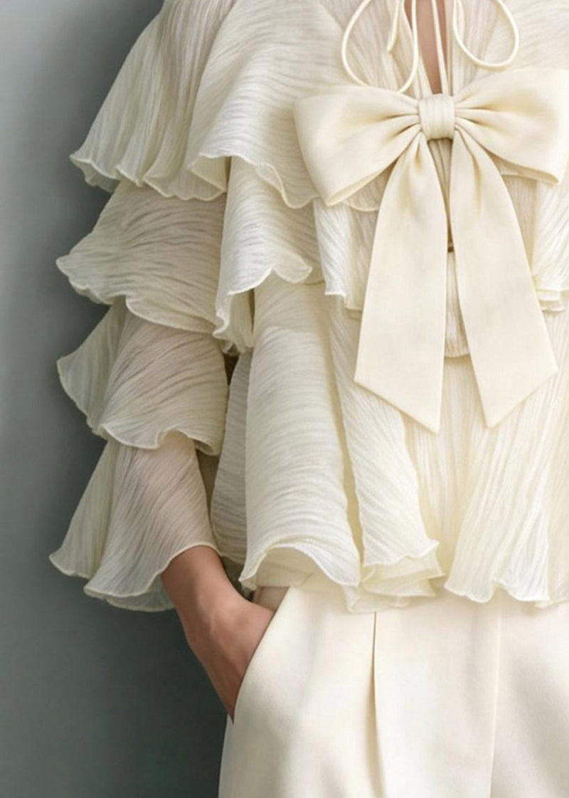 White Tie Lace Bow Ruffled Patchwork Top Spring