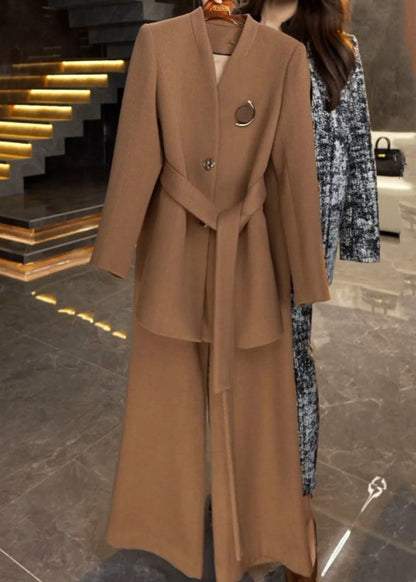 French Caramel Tie Waist Coats and Wide Leg Pants Two Piece Set Winter