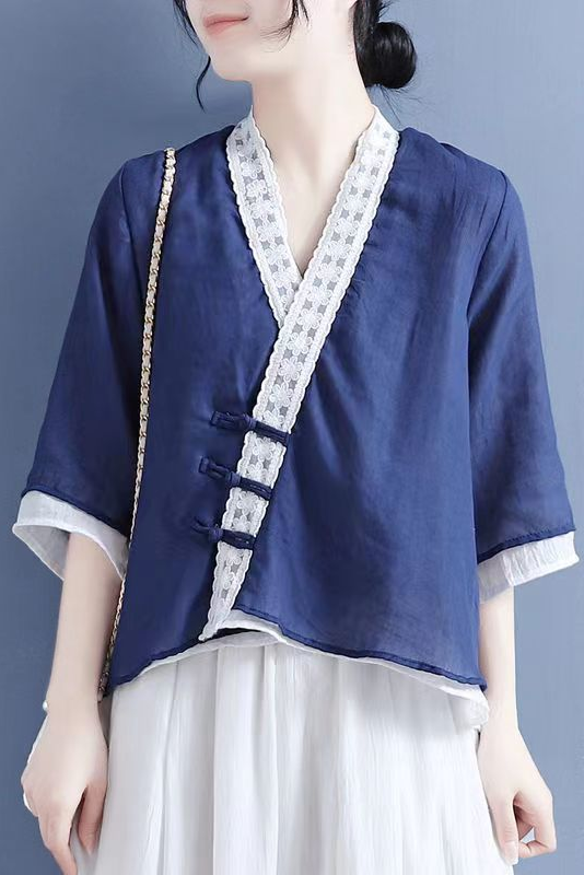 Summer Lace Slanted Button Shirt Lace-up 3/4 Sleeve Tops