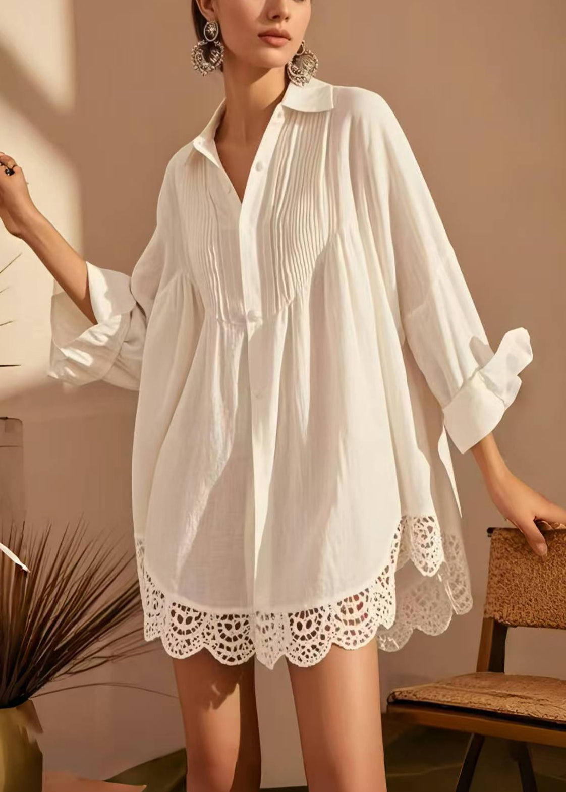 Boutique White Oversized Patchwork Wrinkled Cotton Long Shirt Spring