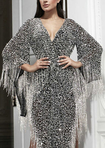 Handmade Silver Asymmetrical Tasseled Sequins Party Dress Batwing Sleeve