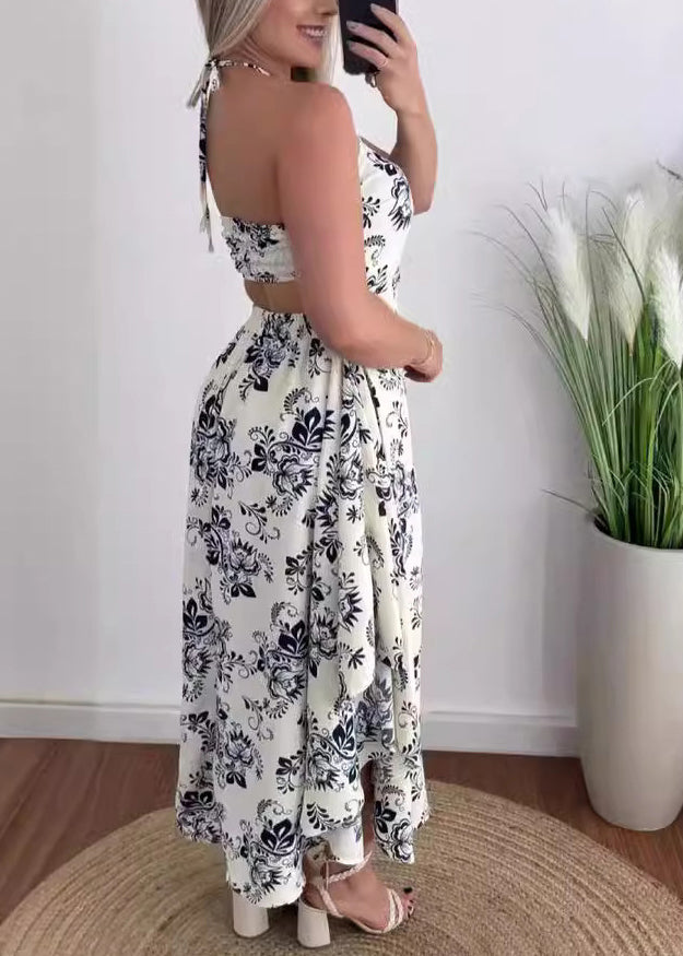 Organic Blue Halter Print Backless Cotton Dresses Summer