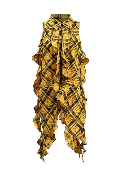 Style Yellow Asymmetrical Ruffled Plaid Cotton Blouse Top Sleeveless