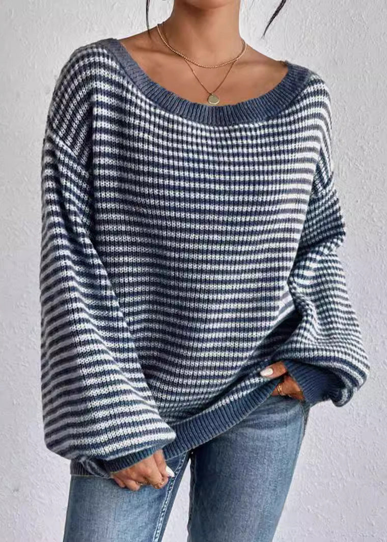 Stylish Green Slash Neck Striped Knit Sweaters Lantern Sleeve
