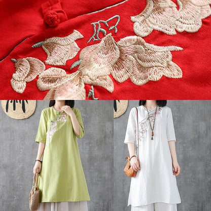 Diy Embroidery Chinese Button Linen Cotton Outfit Sleeve White Dresses