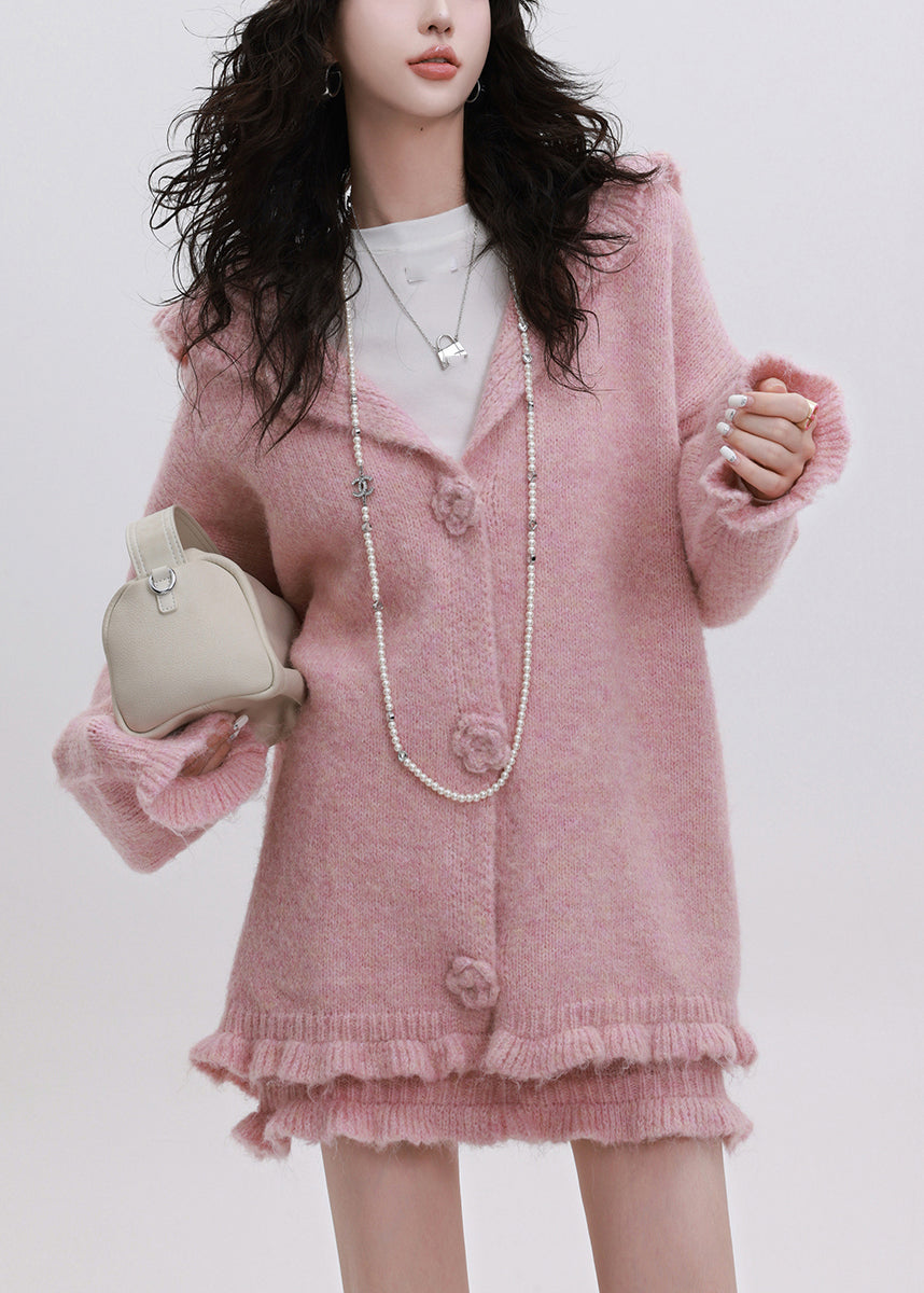 Pink Ruffled Patchwork Cotton Knit Hooded Cardigan and Skirts Two Piece Set Fall