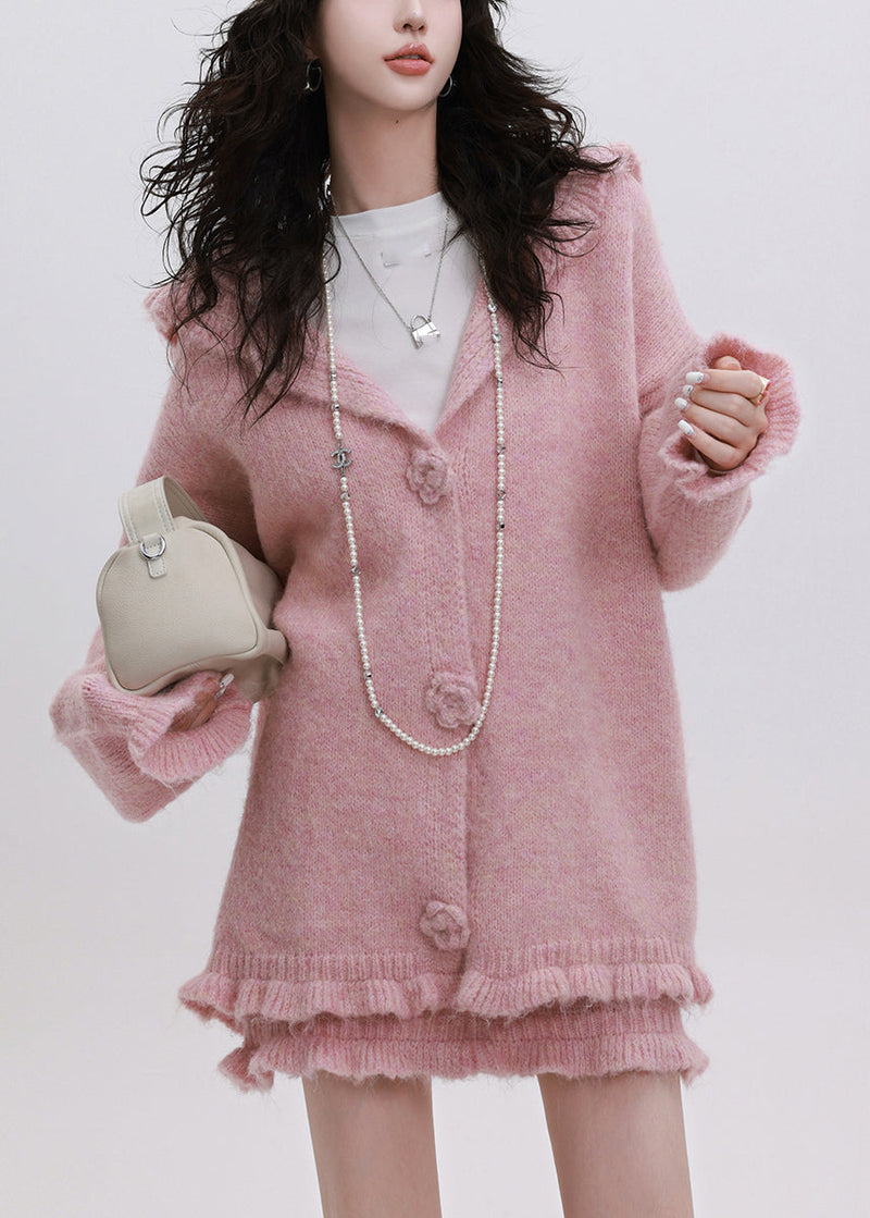 Pink Ruffled Patchwork Cotton Knit Hooded Cardigan and Skirts Two Piece Set Spring