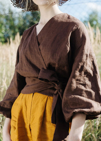 Italian Coffee V Neck Lace Up Linen Tops Lantern Sleeve