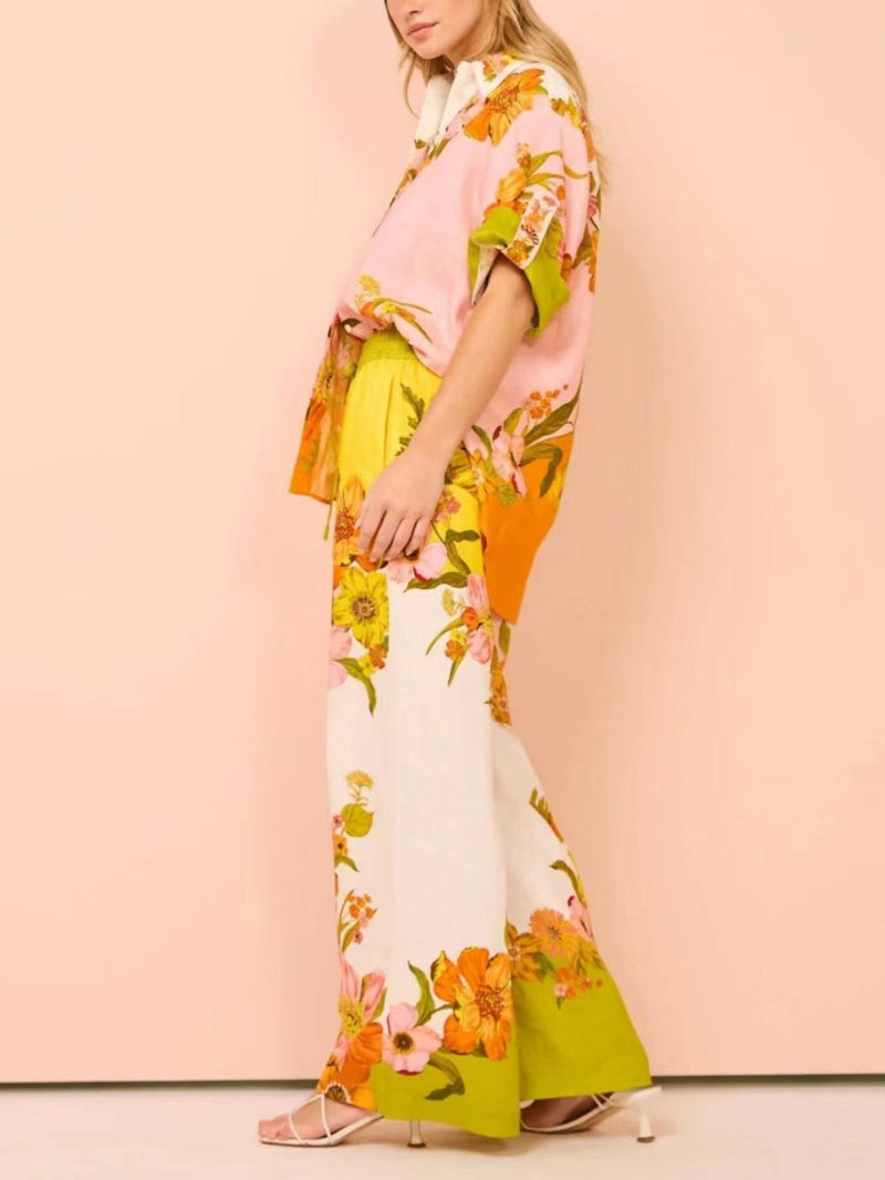 Elastic Waist Unique Print Pocketed Wide Leg Pants