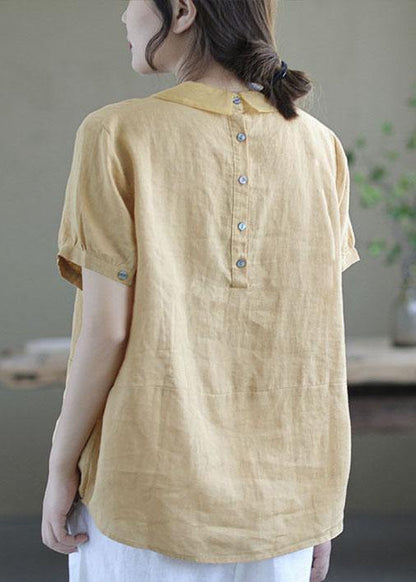 Pink Peter Pan Collar Patchwork Summer Ramie Shirts Short Sleeve