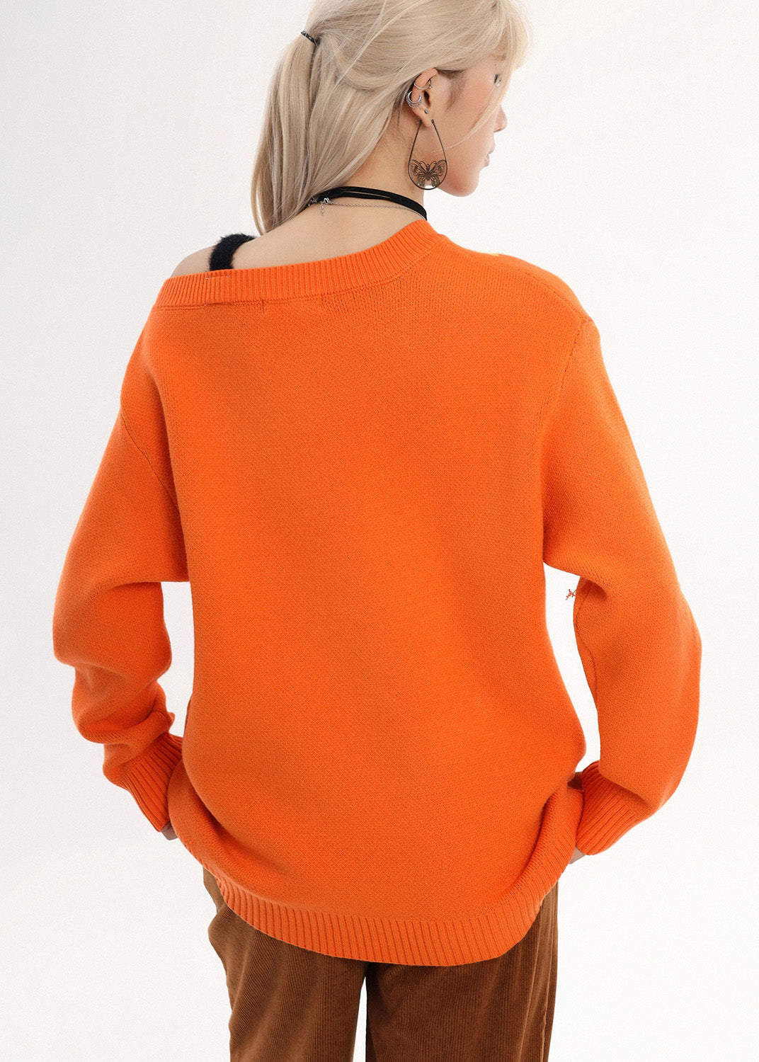 Orange Embroidered Cold Shoulder Knit Sweater Winter