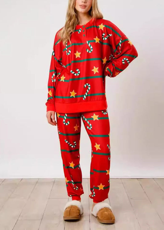 Red Print Tops and Pants Cotton Two Pieces Set Winter
