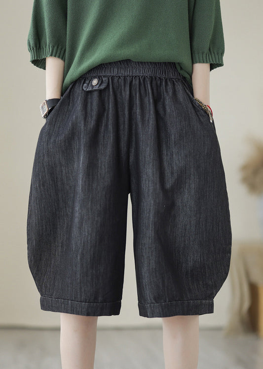 Simple Black Elastic Waist Pockets Cotton Shorts Summer