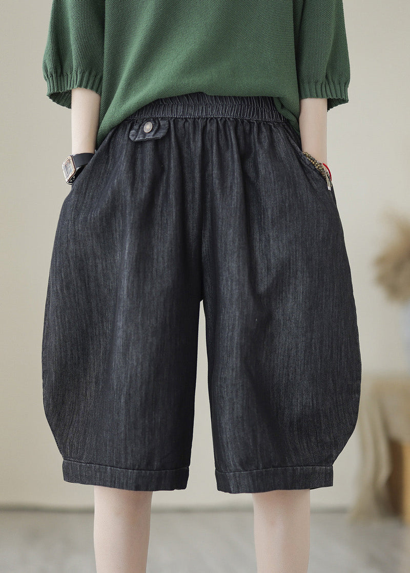 Simple Black Elastic Waist Pockets Cotton Shorts Summer