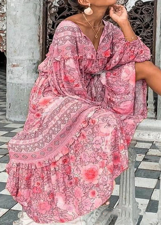 Pink V Neck Print Ruffled Cotton Long Dress Spring