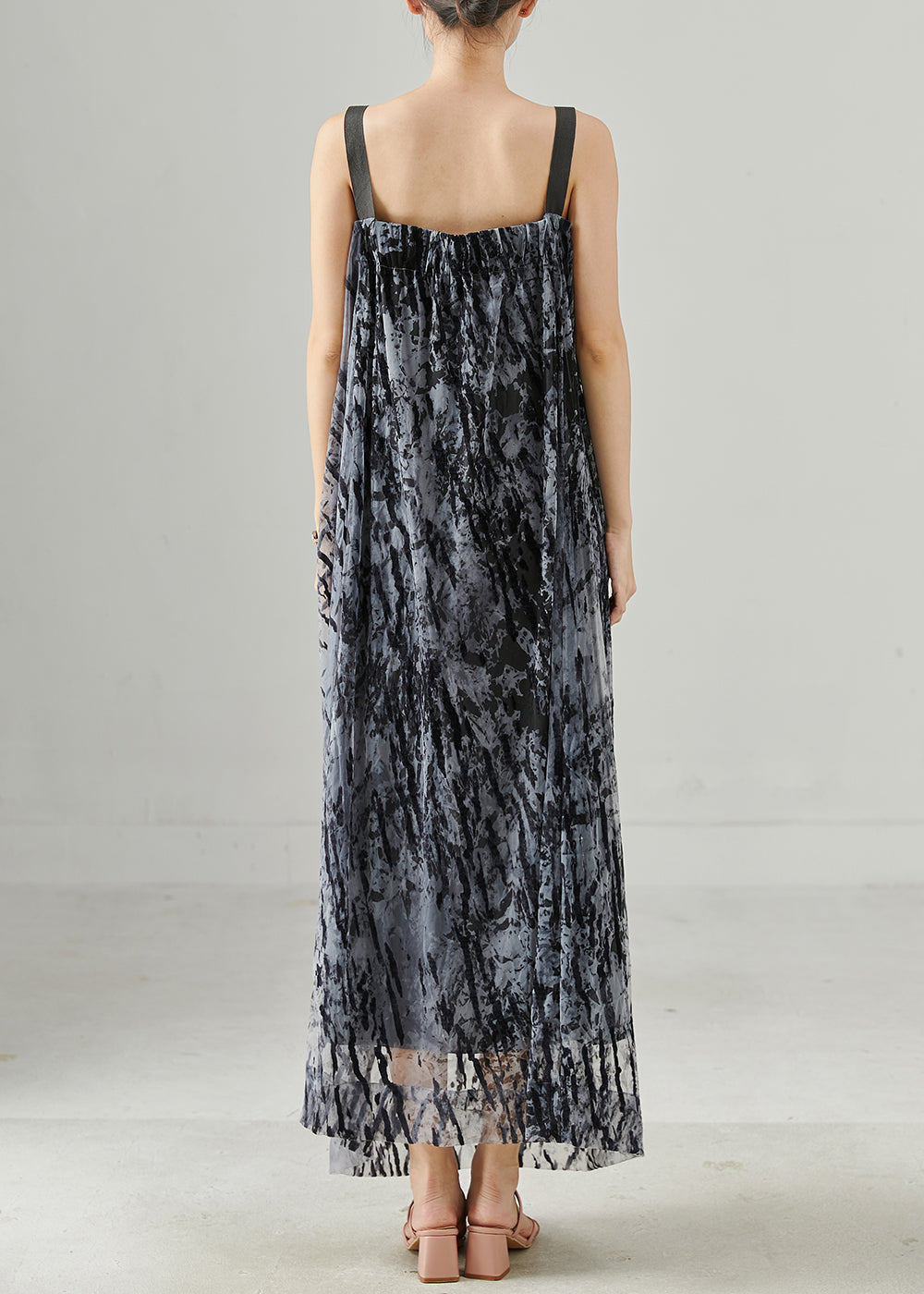 Diy Grey Print Chiffon Spaghetti Strap Dress Summer