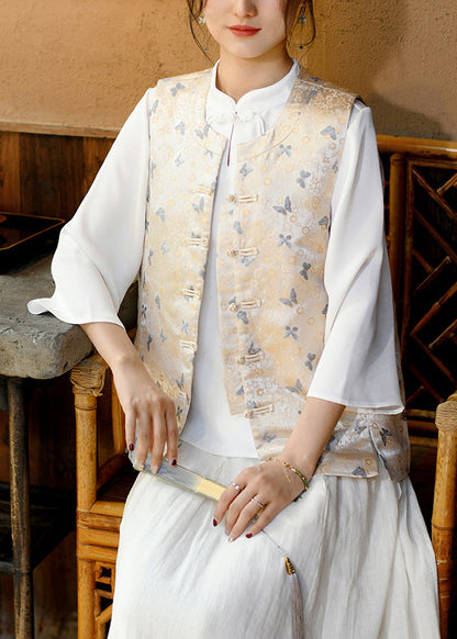Yellow O Neck Jacquard Oriental Button Silk Vest Sleeveless