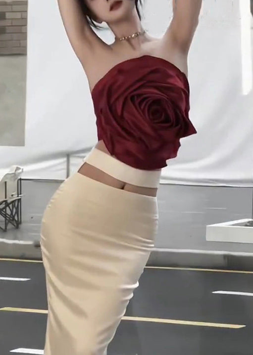 Red Tank and Beige Skirts Cotton Two Pieces Set Sleeveless