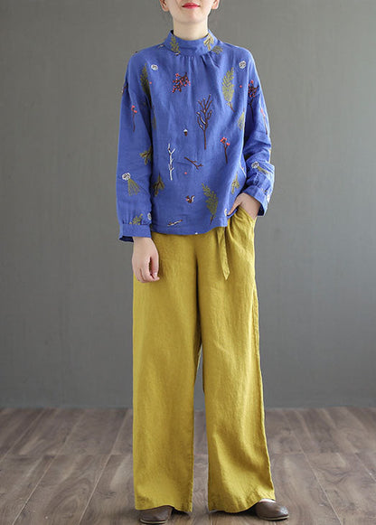 Blue Patchwork Linen Shirt Tops Embroidered Stand Collar Long Sleeve