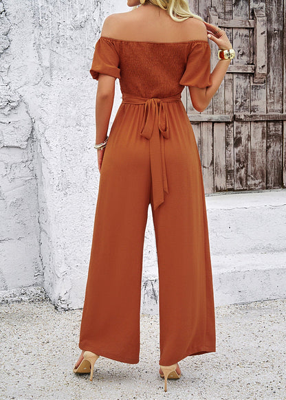 Brown Slash Neck Hollow Out Cotton Jumpsuit Summer