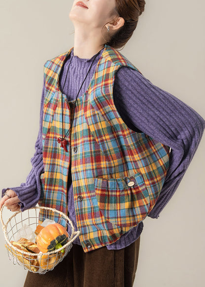 Fitted Yellow Oversized Plaid Cotton Vest Tops Spring