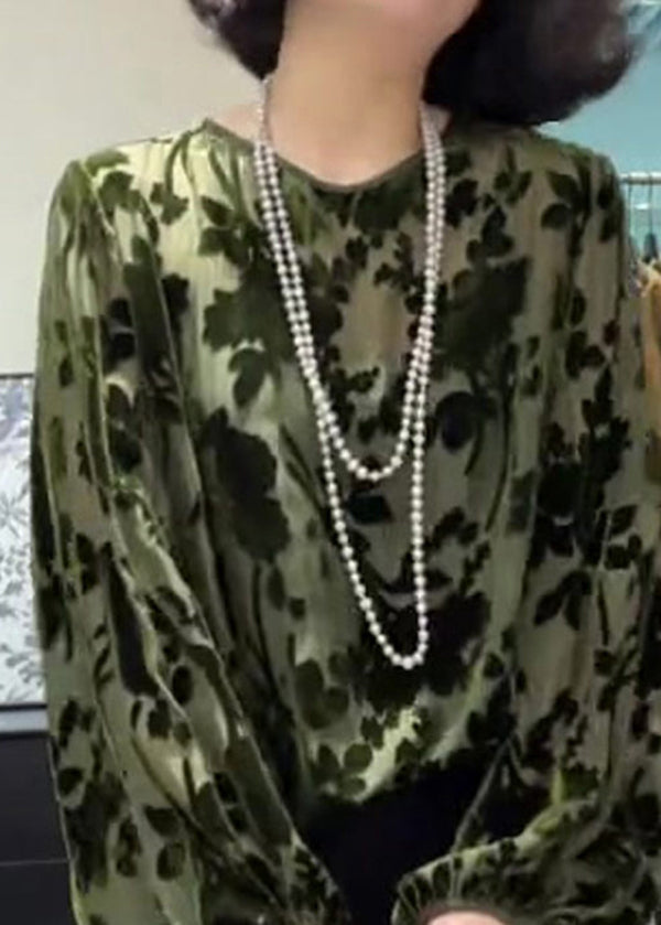 Green O Neck Jacquard Silk Velour Top Fall