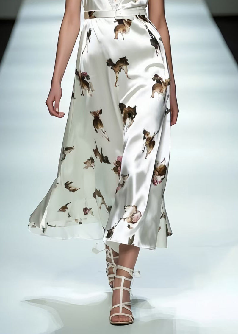Classy White Print Draping Silk Cami Dresses Summer