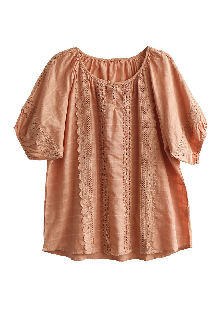 Orange O-neck Button Cotton Top Summer